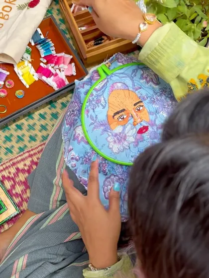 A participant in our garden embroidery workshop, hosted in collaboration with Hooplaback Girl. Our serene environment is the perfect setting for this intricate, meditative craft.