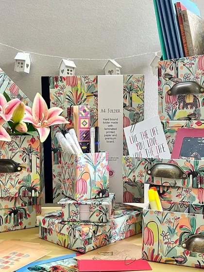 Our 'Indian Savannah' collection is inspired by the magic of life around us. This display shows the full range of desk organizers, file holders, and storage boxes.