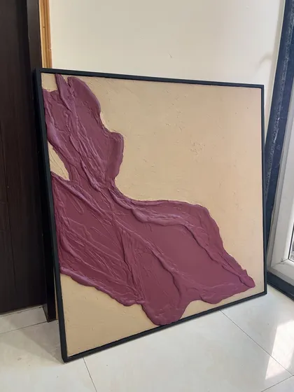 A 3ft x 3ft framed canvas with a bold, sculptural sweep of color. This piece for a Delhi client combines minimalism with a dramatic textured element.