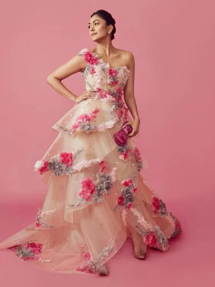 For the Hello Awards, I dressed Mrunal Thakur in this romantic floral gown by Saiid Kobeisy. The tiered layers and delicate 3D floral appliqué created a classic, fairytale-inspired red carpet moment.
