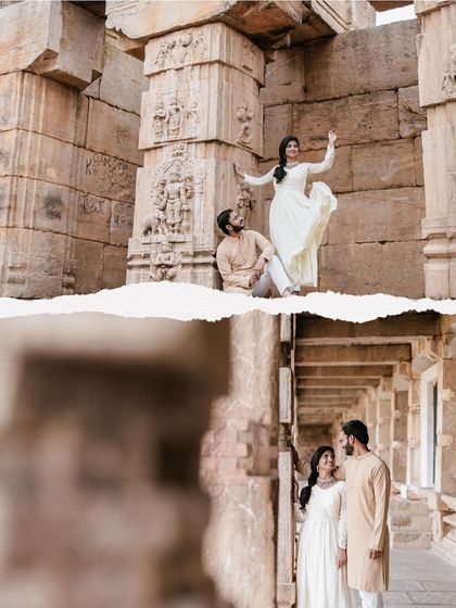 A collage of a couple's pre-wedding shoot at Melkote, with a creative torn-paper effect.