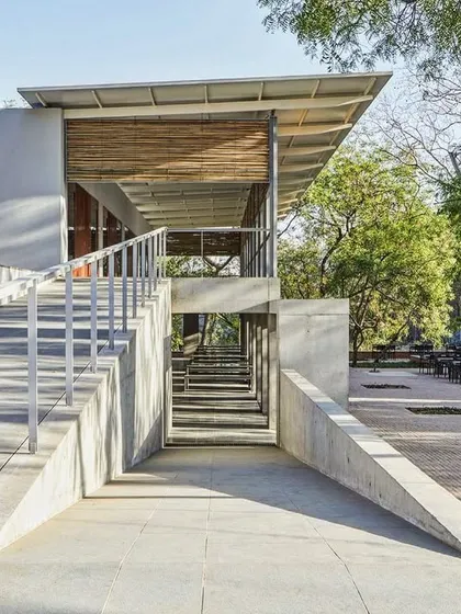 An accessible ramp provides an alternative route to the upper level of the CEPT University Canteen. Our commitment to universal design ensures that all spaces are welcoming and easily navigable for everyone.