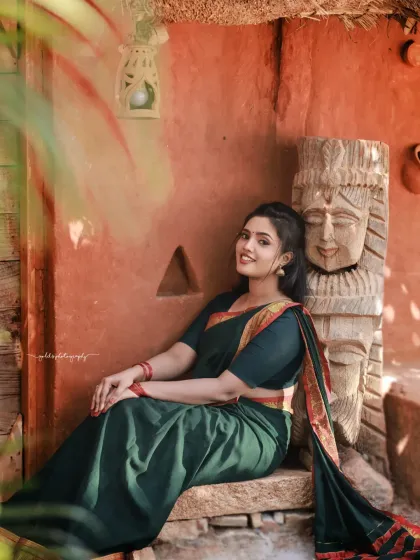 A series of portraits in a rustic, village-like setting. The model's simple green saree and relaxed poses create a feeling of serene, timeless emotion.