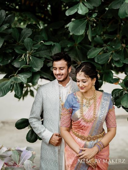 This couple looks so serene and happy. For their pre-wedding event, I created a soft, traditional look for the bride and a clean, groomed look for the groom.
