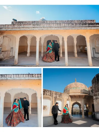 A collage of Ishant and Saloni's pre-wedding shoot in the beautiful courtyards of Amer Fort, showing their traditional outfits and romantic poses.