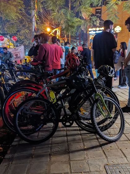 Our cycles parked on a busy sidewalk in Indiranagar during the Republic Day ride. We find our own space even amidst the hustle and bustle.