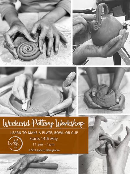 This collage showcases the different hand-building techniques taught in our weekend workshops, where you can make a plate, bowl, or cup.