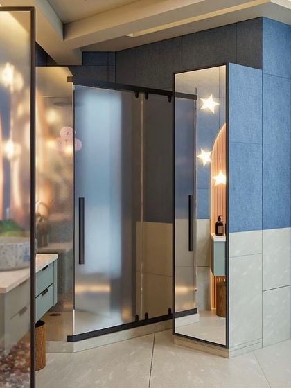 Another angle of the creative kids' bathroom, showing the star-shaped lights around the vanity mirror and the playful monkey-themed decor.