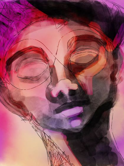 "I look through Infinity." A digital portrait with closed eyes, suggesting an inward gaze. The vibrant pinks and purples create a sense of spiritual energy.