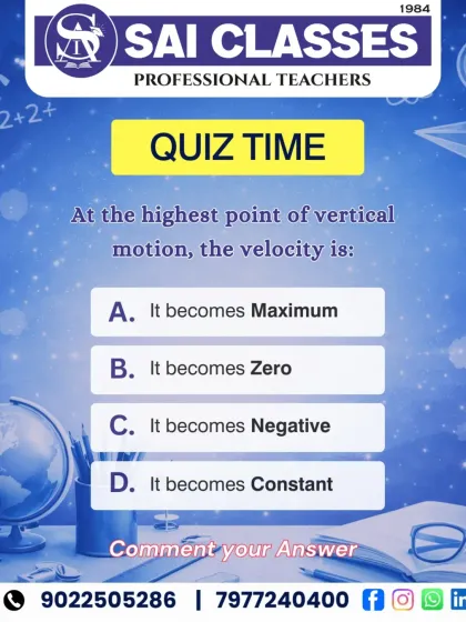 A quiz question for HSC Physics students about velocity at the highest point of vertical motion. We use these interactive questions to test conceptual clarity and encourage critical thinking, especially during board exam preparation.