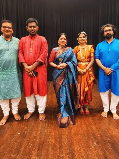 On stage with the orchestra and my disciple, Sudipta Chakraborty, after her performance at the India International Centre. I had the pleasure of conducting the nattuvangam for her recital.