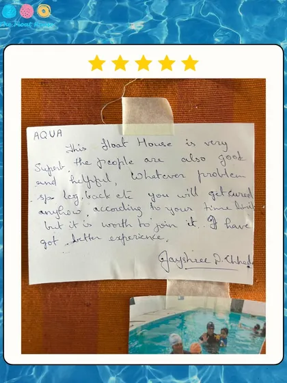 A handwritten testimonial from a happy client who found our aqua therapy superb and the people helpful. These personal notes mean the world to me and my team.