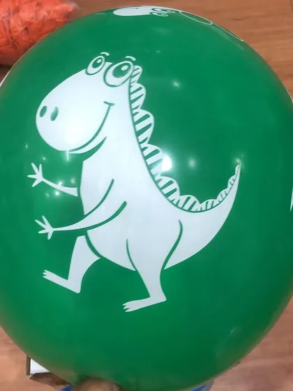 A green latex balloon with a T-Rex print. We use these printed balloons to add extra detail and fun to our themed kids' parties.