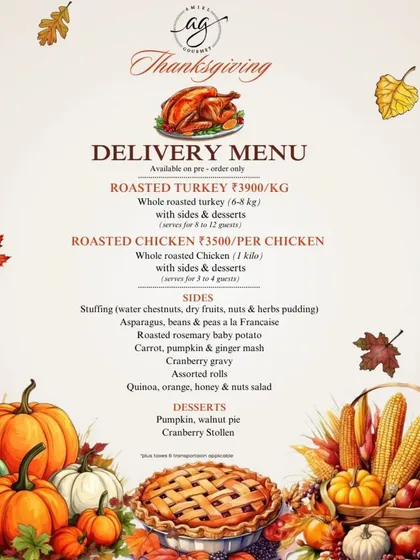 My Thanksgiving delivery menu, featuring whole roasted turkey or chicken with all the classic sides like stuffing, roasted vegetables, and cranberry gravy.