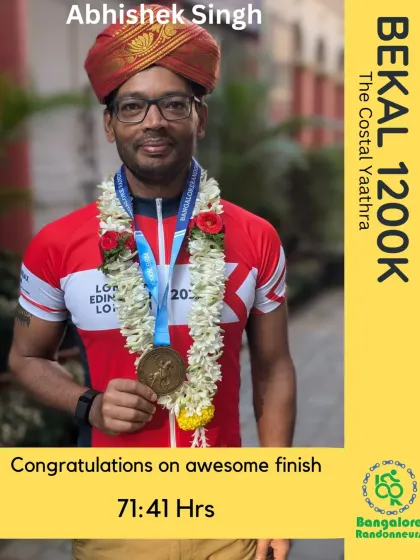 A phenomenal finish! We congratulate Abhishek on completing the Bekal 1200K, one of India's toughest LRMs, in just 71 hours and 41 minutes. This solo, self-supported ride is a true testament to his incredible endurance and mental grit.