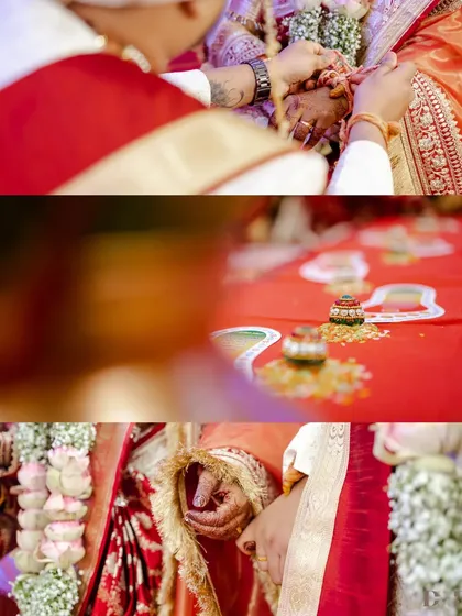 A collage of sacred rituals from a Marathi wedding, focusing on the hands of the couple and the traditional elements of the ceremony.