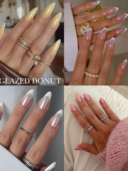 The "glazed donut" trend is perfect for brides, offering a subtle, iridescent glow. This collage features different variations, including classic nudes and soft pastels with a chrome finish.