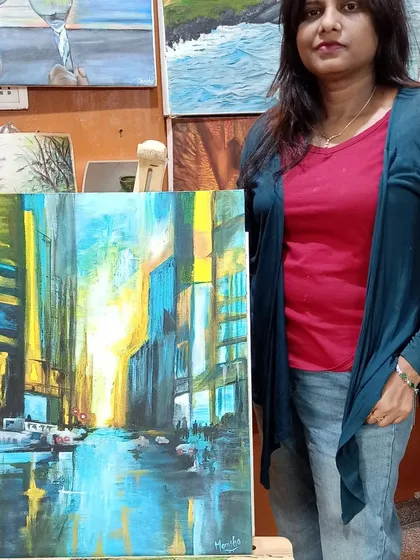 An abstract cityscape painting by my student Monika. This piece plays with light and reflection, using loose brushwork and a vibrant palette to capture the energy of a city street at night.