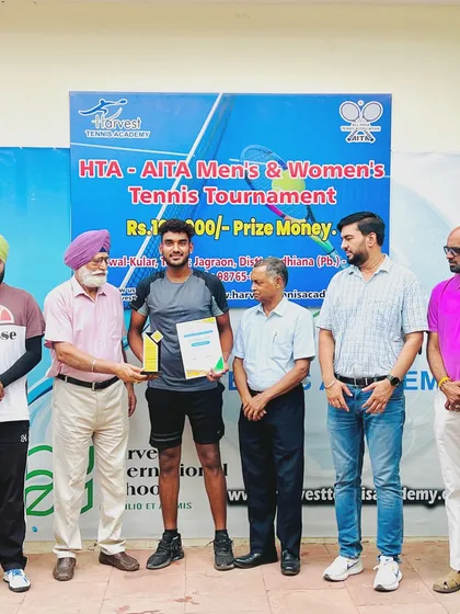Maan Kesarwani receiving his finalist award after a strong performance at the AITA 1 Lac Singles event in Jassowal, Punjab.
