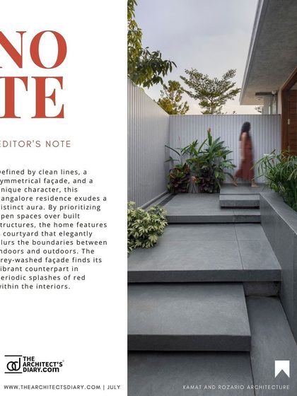 The Architect's Diary editor's note on our 'Maya House' project, celebrating its clean lines, symmetrical facade, and the blurring of boundaries between indoors and outdoors.