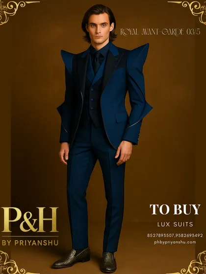 A striking combination of royal blue and black. This full-body view shows the black lapels and accents creating a bold contrast against the deep blue fabric, adding another layer of futuristic dimension.