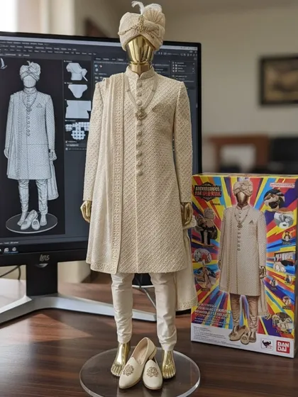 We bring your vision to life, from a digital sketch to a wearable masterpiece. This image shows our design process, where we use modern tools to plan a traditional groom's sherwani before our master tailors begin their work.