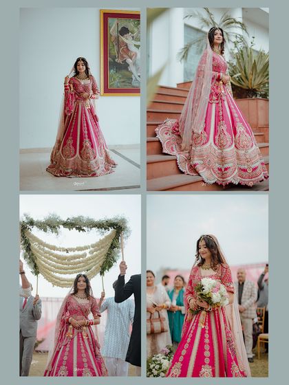A collage showcasing the bride's journey on her wedding day, from her solo portraits to her graceful entrance under the phoolon ki chadar.