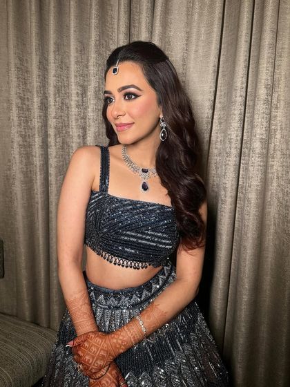 A close-up of the shimmery eye and blushed cheeks, which are the centerpiece of this beautiful sangeet look.