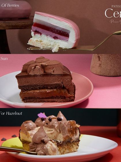 A trio of my bestsellers: Explosion of Berries, Midnight Sun, and Go Nuts For Hazelnuts. Each slice showcases a different journey of flavour and texture.