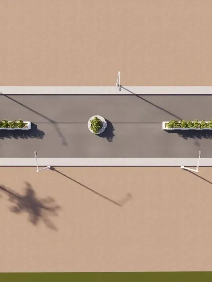 Meticulous planning is key to a functional layout. This top-down 3D view illustrates the precise arrangement of roads, streetlights, and green zones, ensuring every inch of the site is optimized.
