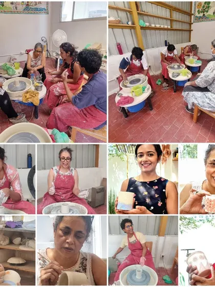 The smiles say it all. This is a collage from one of my 12-session beginner's wheel throwing courses, capturing the journey from learning the basics to proudly holding a finished, decorated piece. We keep classes small to ensure everyone gets personal guidance.