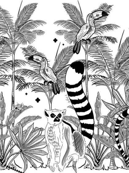This is a seamless pattern from my "Treasures of Madagascar" collection, featuring lemurs, toucans, and lush jungle foliage in a detailed monochrome style.
