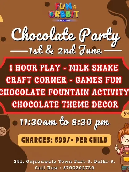 Another version of our Chocolate Party poster, inviting kids to a world of chocolatey fun with games, crafts, and a delicious fountain.
