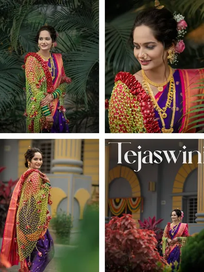 A collection of portraits of a bride in a vibrant purple Paithani saree, adorned with a traditional floral mundavalya.