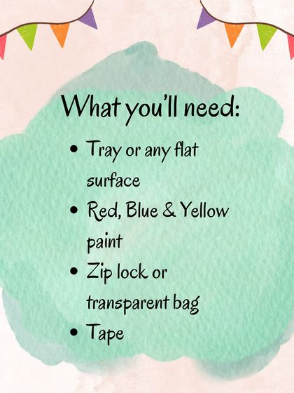 These images provide the instructions, materials, and benefits for the mess-free color mixing activity, helping children learn about primary and secondary colors.