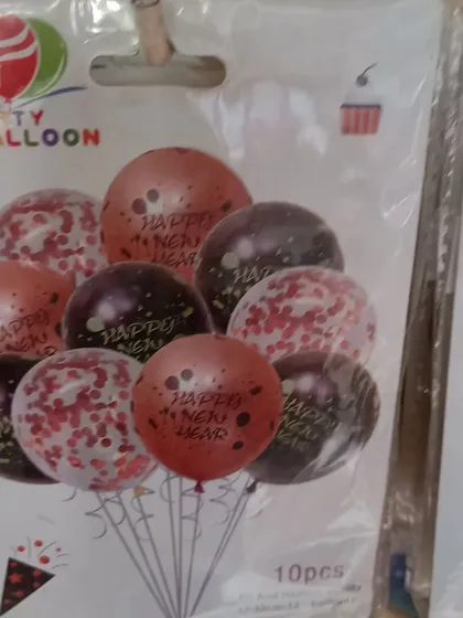 A pack of 'Happy New Year' confetti balloons. These balloons come pre-filled with confetti, adding a touch of sparkle and fun to your party decor.