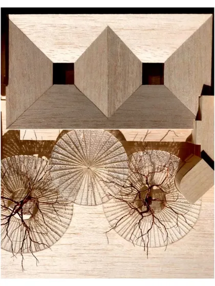 A top-down view of the model, showing the geometric relationship between the square roofs and the circular canopies.