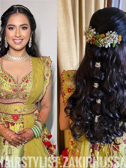 A collage of a beautiful Mehendi hairstyle with a half-up twist, floral crown, and bubble-ponytail details.