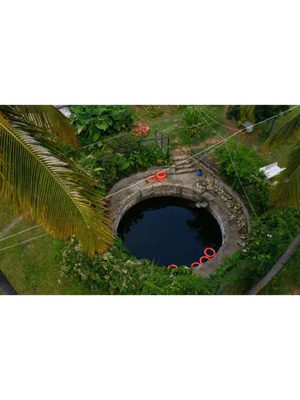 A clear, top-down view of the well, showing the safety rings floating in the dark, cool water.