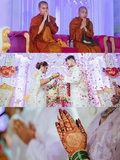 A collage from a Buddhist wedding ceremony, showing the monks' blessings and the couple's rituals.