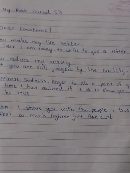 Emotional intelligence is key to growing as a human and a writer. Parthivi, a 7th grader, wrote this lucid poem during 'The Story of Emoticons' program. She beautifully expresses that it is okay to show our emotions and that sharing them with people we trust makes us feel lighter.