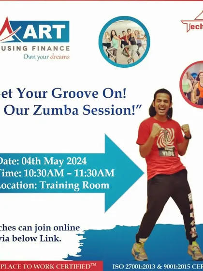 An announcement for a hybrid Zumba session with Art Housing Finance. I make sure that even employees in different branches can join the fun online.