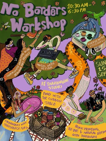 The official poster for our 'No Borders Workshop Day,' a vibrant celebration of craft, music, food, and community at our studio.