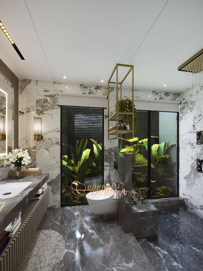 An oasis of luxury where design flows like water. This bathroom features a sunken tub, dramatic marble walls, and a large window overlooking a private green space.