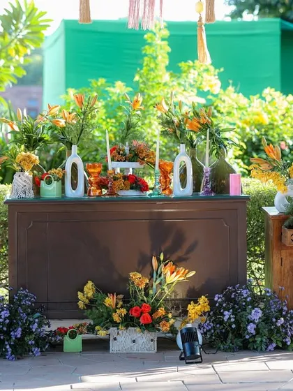 A stunning floral bar setup for the high-tea, with two wooden cabinets flanking a central console, all overflowing with vibrant arrangements.