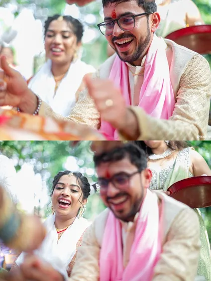 Laughter and joy during the wedding rituals. It's not all serious; these happy candid moments are just as important.