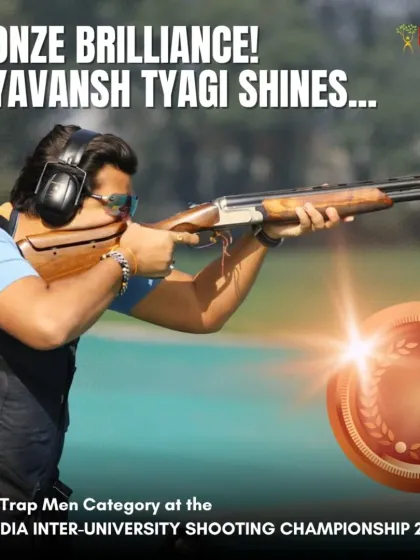 A close-up action shot of Aryavansh Tyagi, who secured a bronze medal at the All India Inter-University Shooting Championship. This highlights the precision and focus we teach.