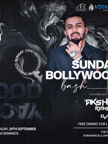 A poster for a Sunday Bollywood Bash at The Fixx, a perfect way to end the weekend with great music and free drinks for the ladies.