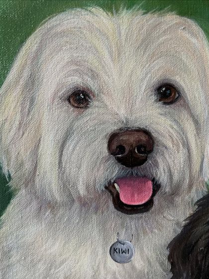 The happy, panting face of Kiwi. Getting the texture of white fur right involves carefully layering shades of grey, blue, and cream to create depth and softness.