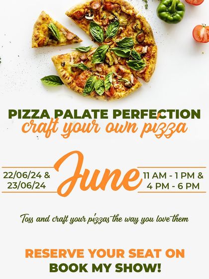 Another version of our June pizza workshop poster, featuring a pizza loaded with fresh basil and other delicious toppings.